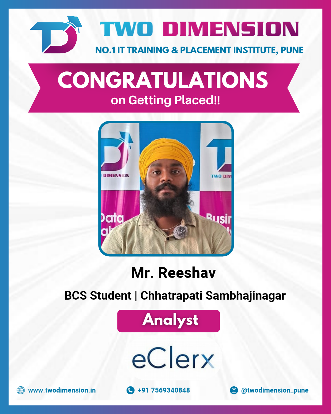 Two Dimension Placed Student - Mr. Reeshav  BCS Student _ Chhatrapati Sambhajinagar