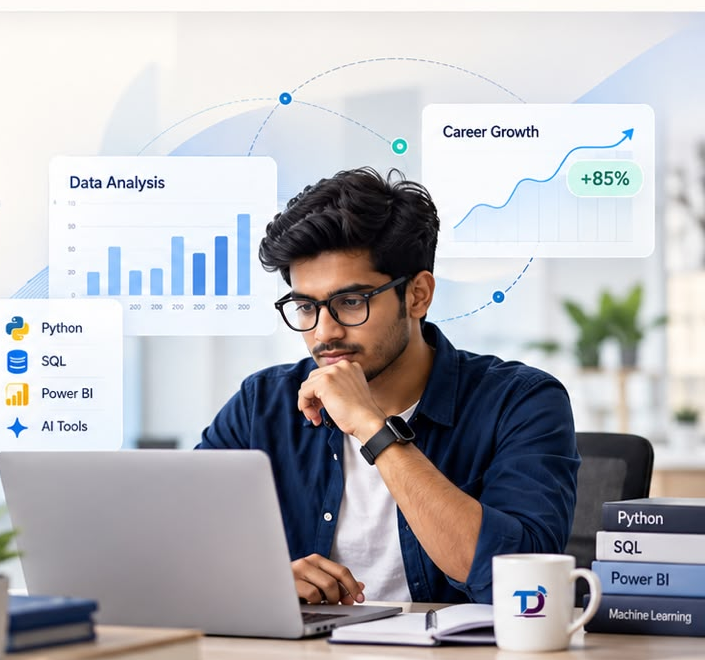 Professional Data Analyst Working with Python, SQL, and Power BI in Modern Tech Workspace